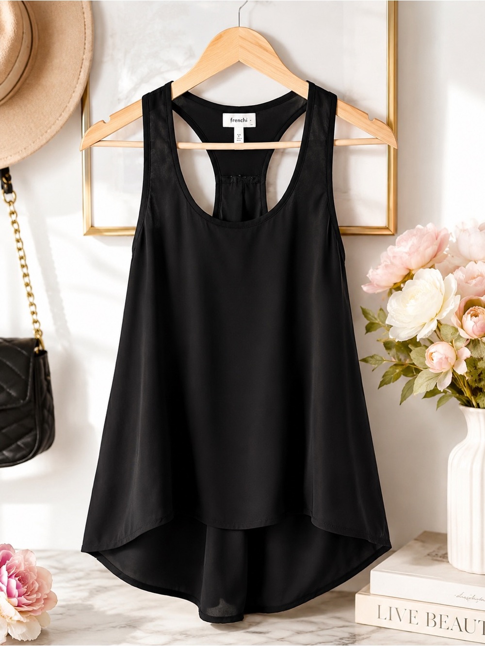 Nordstrom Frenchi Black Chiffon Racerback Tank Top Hi Low Hem Medium